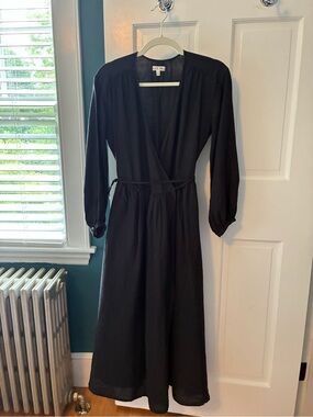 Alex Mill Black Long-Sleeve Linen Wrap Midi Dress size small